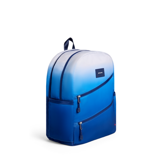 STATE Bags Kane Double Pocket Backpack Blue Gradient Diagonal Zipper Side View Click to Zoom
