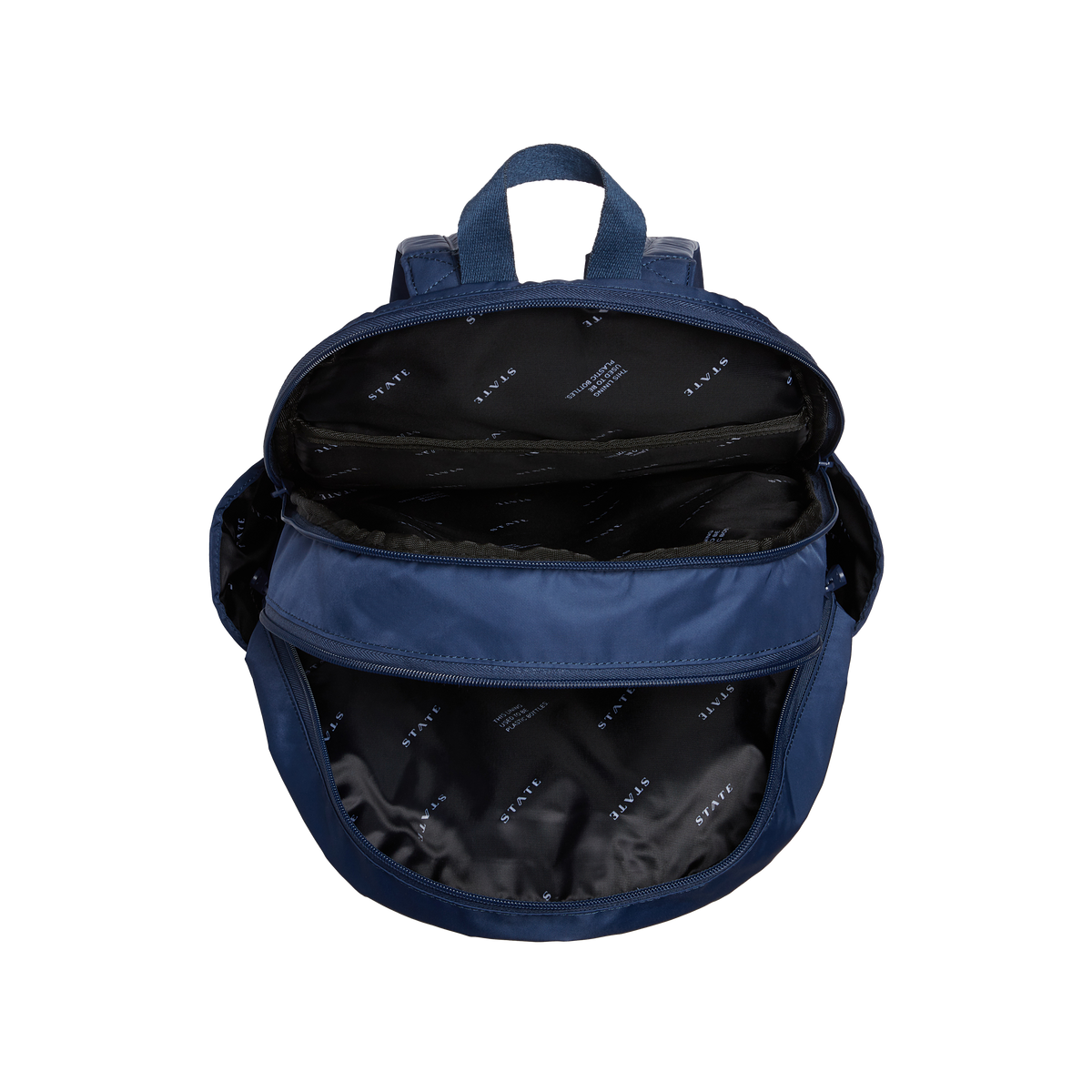 state bags Kane double pocket large backpack nylon navy interior overhead view click to zoom