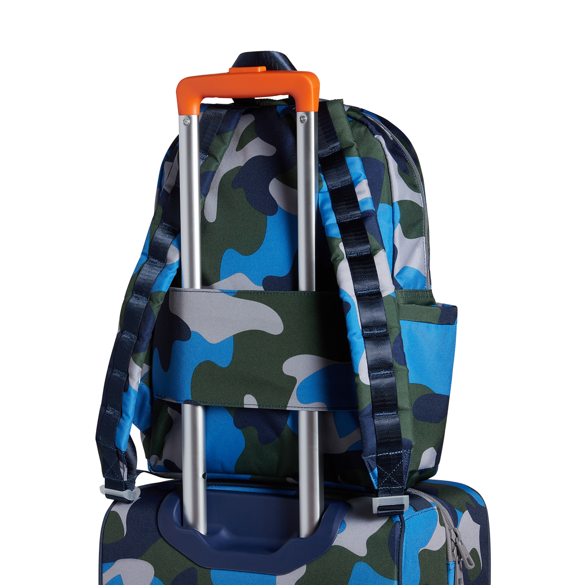 state bags kane kids travel backpack printed canvas camo back view travel sleeve slid through suitcase handle click to zoom