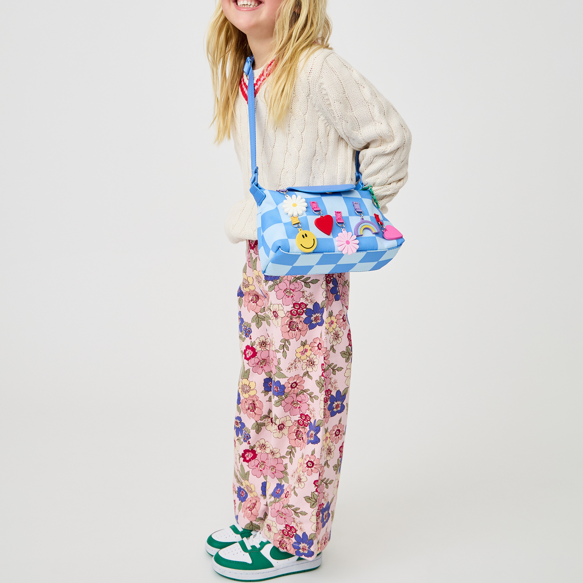 Girl wearing STATE Bags Chelsea Pouchette Charms Blue Check