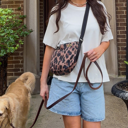 woman wearing STATE Bags Luna Mini Leopard