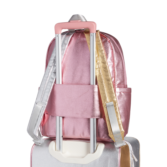 state bags kane kids travel backpack metallic pink/silver back view travel sleeve slid through suitcase handle click to zoom