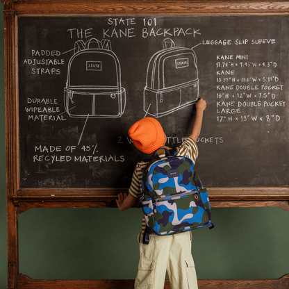 boy writing on chalkboard wearing Kane Kids camo