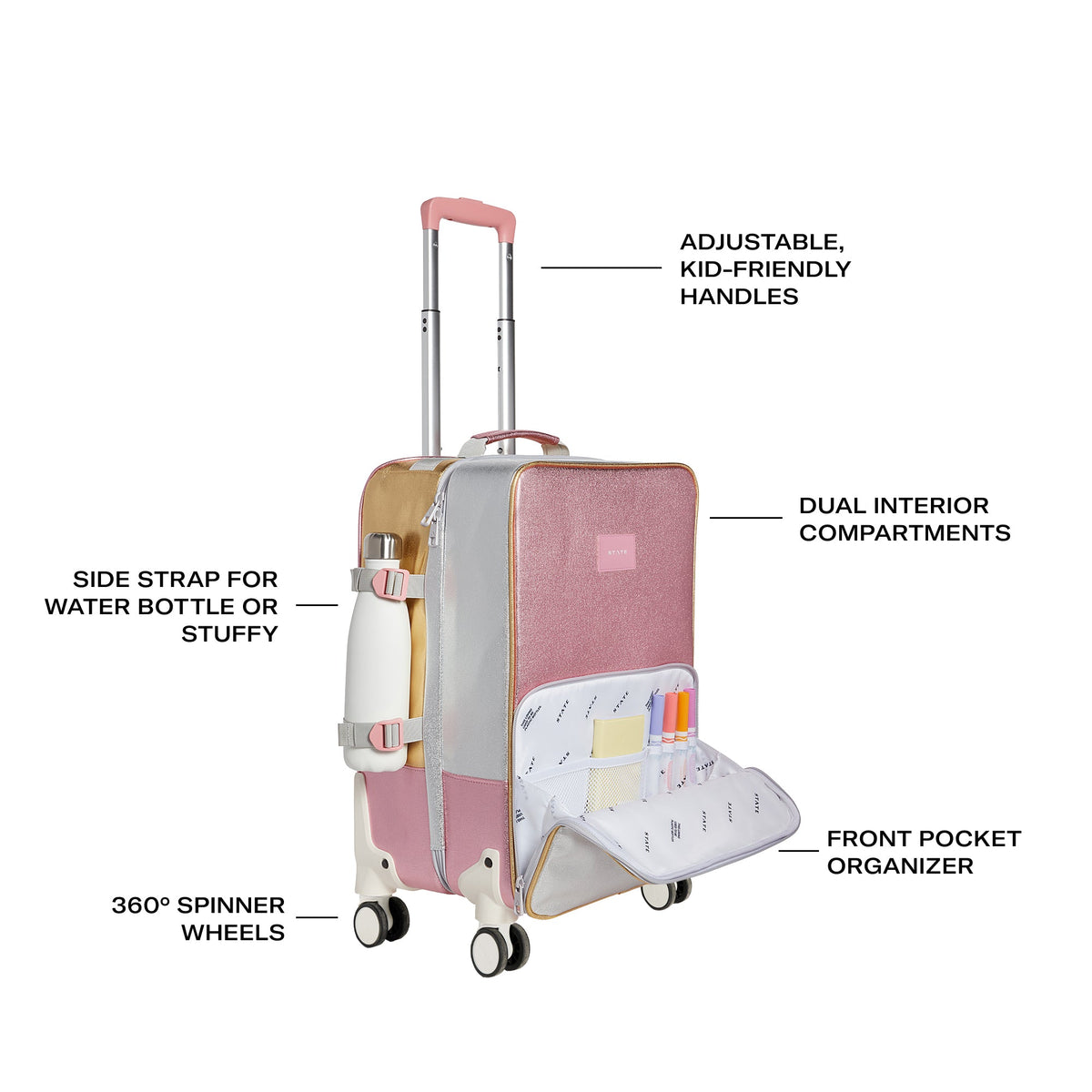 STATE Bags Logan Carry-On Suitcase Pink/Silver Side View Click to Zoom