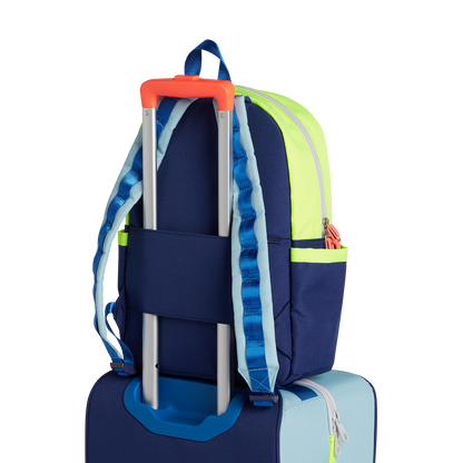 state bags kane kids travel backpack polyester canvas navy/neon back view travel sleeve slid through suitcase handle click to zoom
