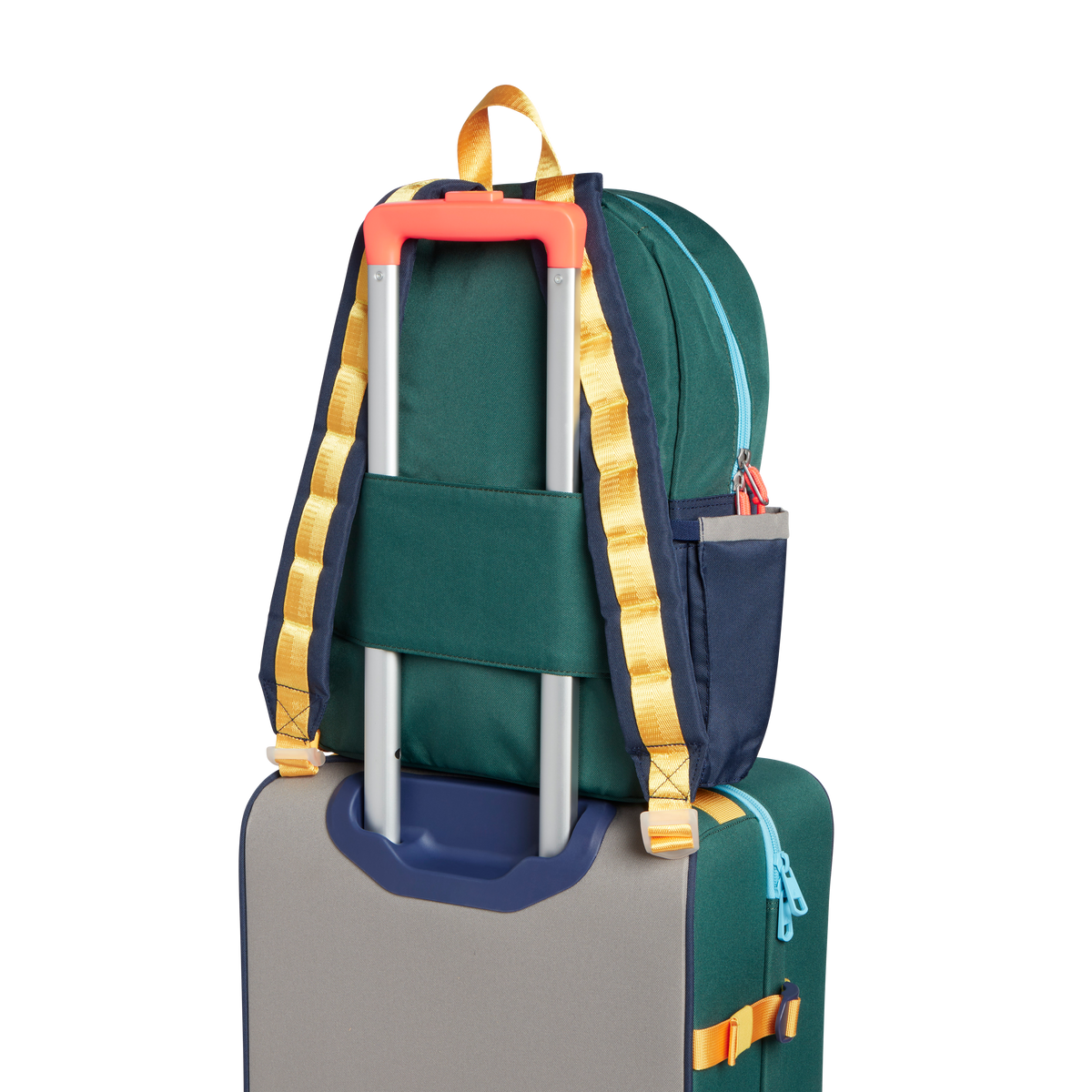 state bags kane kids travel backpack polyester canvas green/navy back view travel sleeve slide through suitcase handle click to zoom