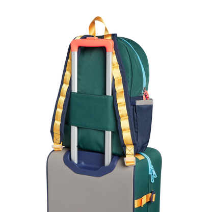 state bags kane kids travel backpack polyester canvas green/navy back view travel sleeve slide through suitcase handle click to zoom