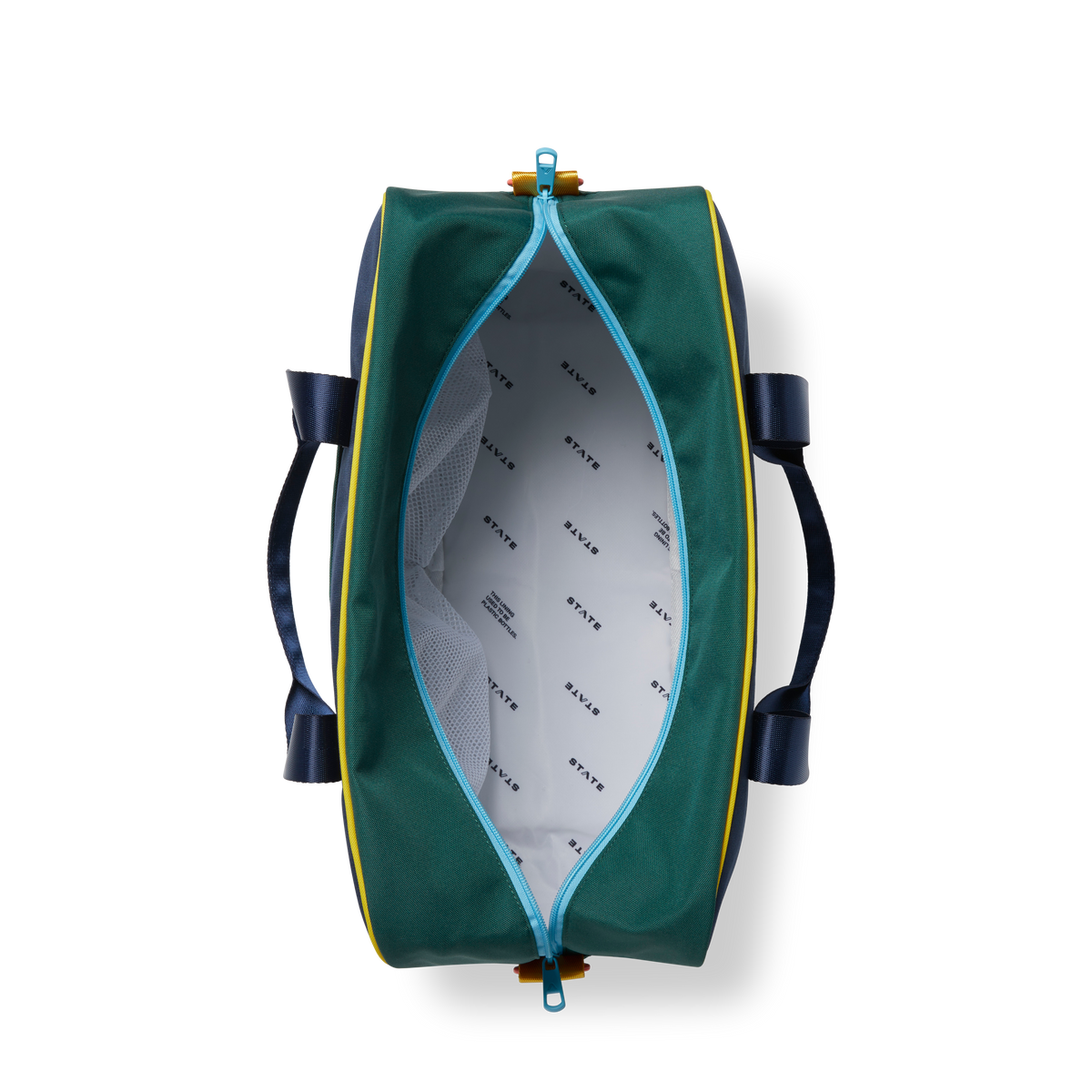 state bags rockaway duffle bag polyester canvas green/navy interior overhead view click to zoom