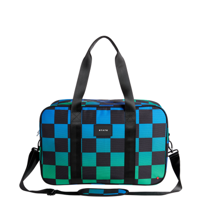 state bags rockaway duffle polyester canvas blue checkerboard front view on luggage click to zoom