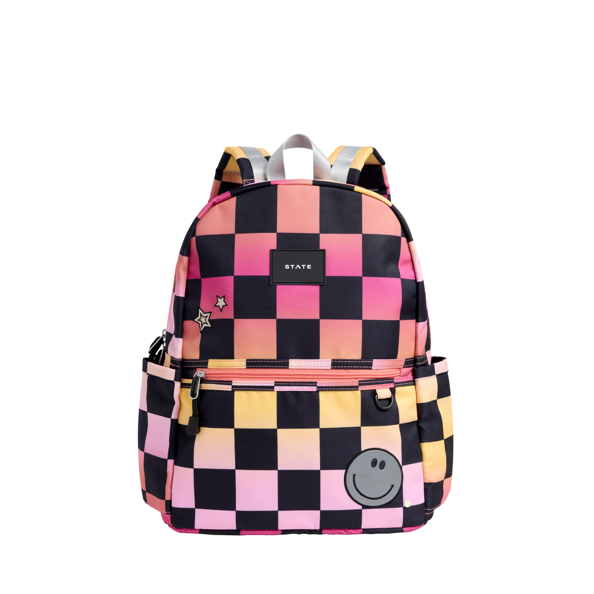 state bags kane kids double pocket backpack recycled poly canvas checkerboard pink front view click to zoom