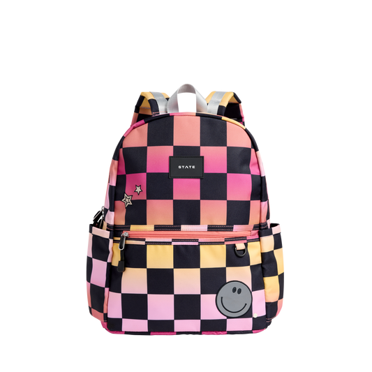 state bags kane kids double pocket backpack recycled poly canvas checkerboard pink front view click to zoom