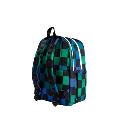 state bags kane kids double pocket backpack recycled poly canvas checkerboard blue back view click to zoom