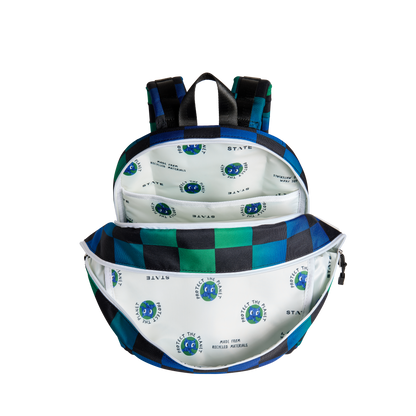 state bags kane kids double pocket backpack recycled poly canvas checkerboard blue interior view click to zoom