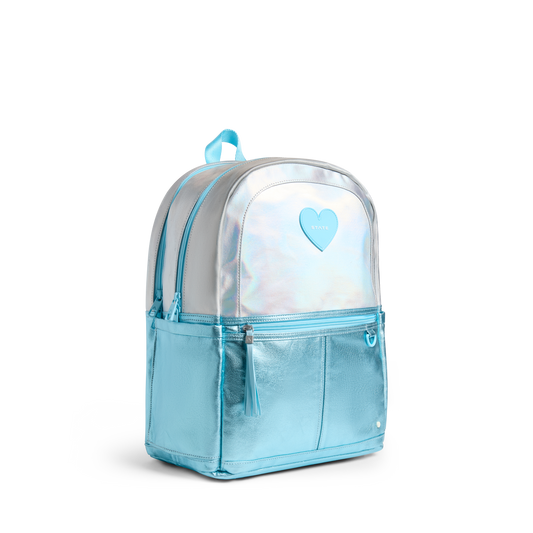 STATE Bags Kane Double Pocket Backpack Metallic Blue Iridescent Front View Click to Zoom