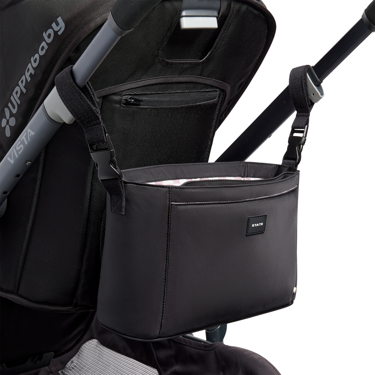 STATE Bags Stroller Organizer Black on Stroller Front View Click to Zoom