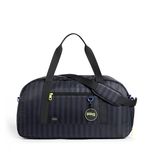 STATE Bags Fenway Sports Duffle Blue Gray Striped Front View Click to Zoom