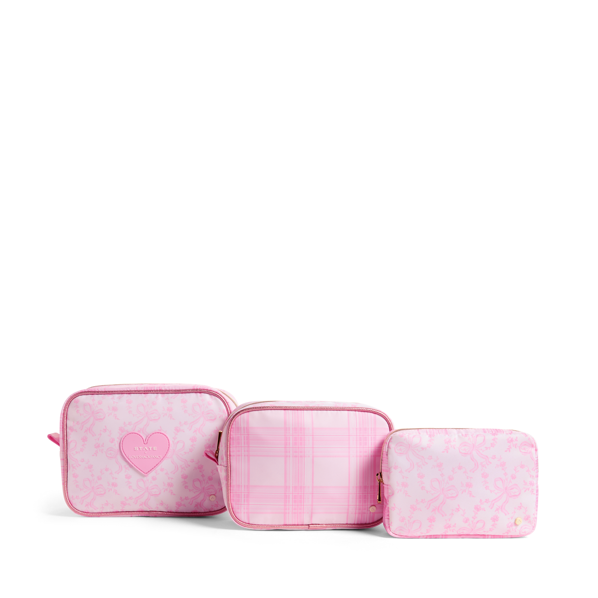 STATE x LoveShackFancy Travel Pouch Set of Three Pink Vanilla Front View Click to Zoom