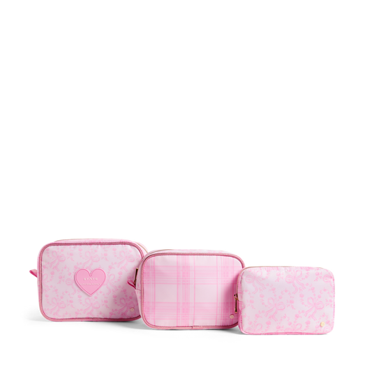 STATE x LoveShackFancy Travel Pouch Set of Three Pink Vanilla Front View Click to Zoom