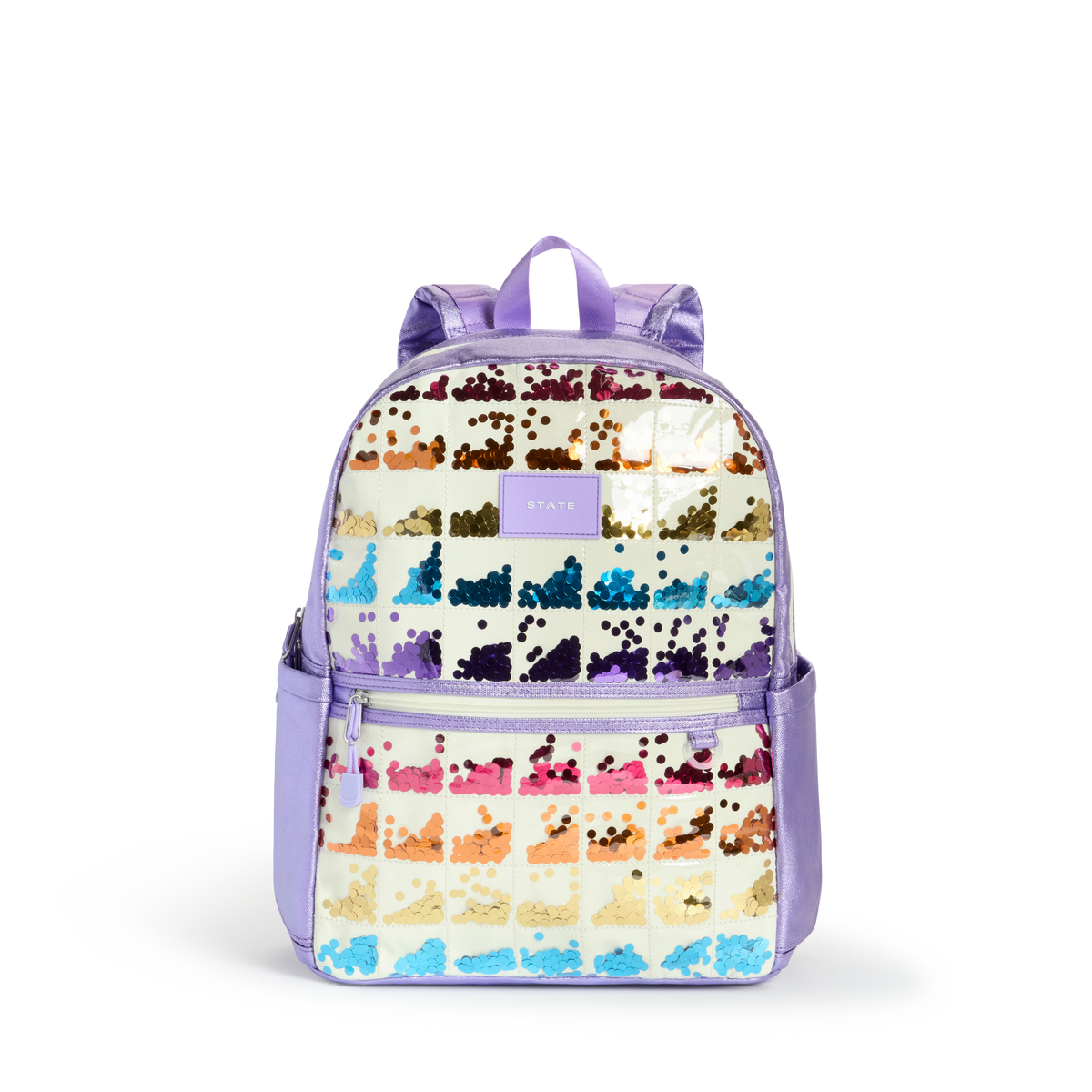 STATE Bags Kane Double Pocket Backpack Lilac Quilted Sequins Front View Click to Zoom