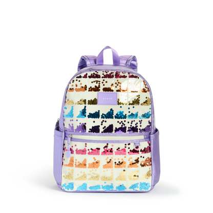 STATE Bags Kane Double Pocket Backpack Lilac Quilted Sequins Front View Click to Zoom
