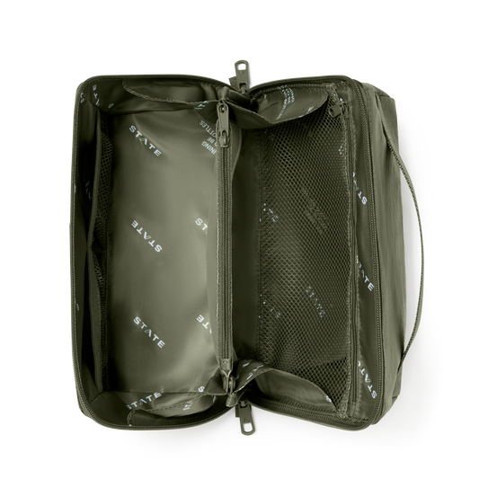 STATE Bags Peri Toiletry Kit Crinkle Nylon Olive Overhead Interior View Click to Zoom